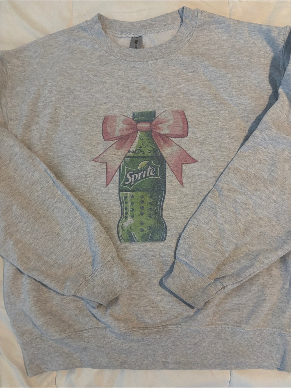 Gildan Grey Sweatshirt with Green Sprite Bottle and Pink Bow